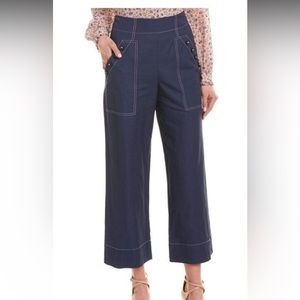 Rebecca Taylor, Linen Crop pant in Blueberry with pink threading.